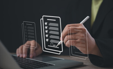 A professional uses a stylus to sign a digital checklist document on a virtual screen, representing...