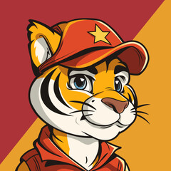 Cartoon Tiger Mascot in Red Cap and Hoodie

