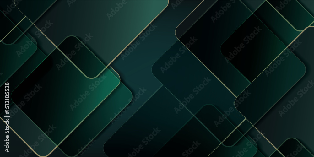 Wall mural dark green abstract background with gold lines and shadow. geometric shape overlap layers.