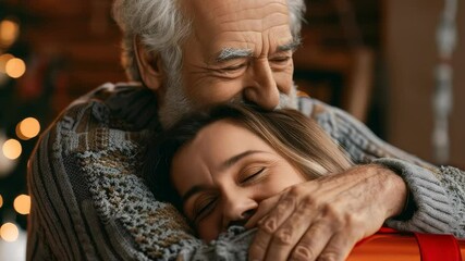 A close-up captures the warmth between a man with gray hair and a younger woman. He's holding her closely, with her eyes closed and a gift nearby, possibly during a holiday celebration.