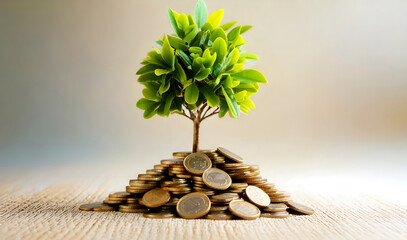 thriving tree growing pile coins concept. A small tree grows from a mound of coins, symbolizing financial growth and prosperity.