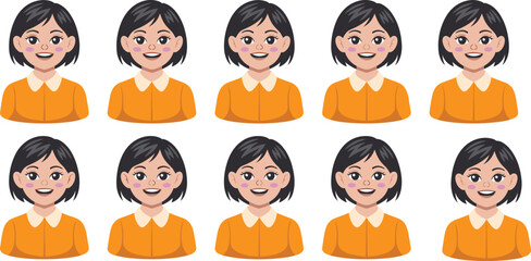 Vector Girl Avatar Set with Different Facial Expressions – Cute Cartoon Female Character in Orange Outfit – Flat Style Illustration for UI, App, or Animation