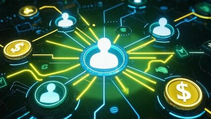 Finance Lead Generation Network: Glowing User Icons, Currency Symbols & Data Flow to Central Hub – Video Download - Powered by Adobe