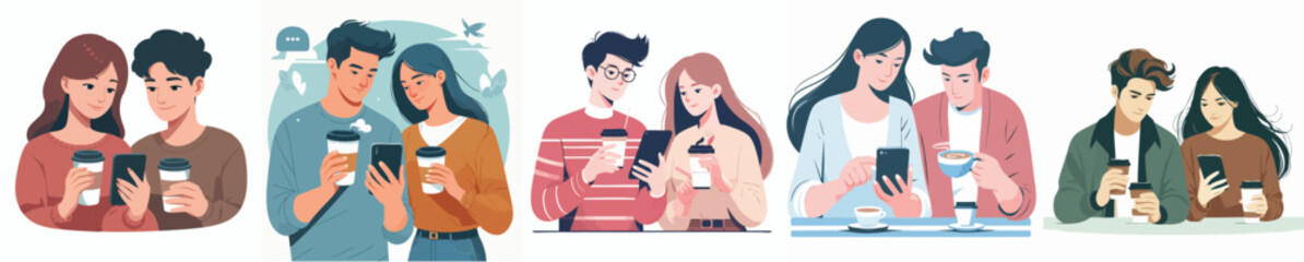 vector of a man and woman chatting while drinking coffee