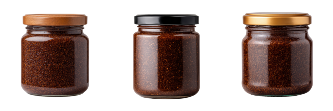 Truffle tapenade jar with a sealed lid isolated on a transparent background
