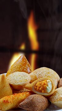 Brazilian snack, chicken coxinha, pastel, dumpling, esfirra, sausage roll, pie, empadinha