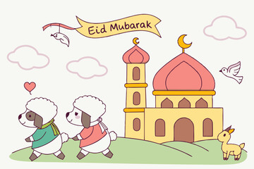 Obraz premium Cute animal procession Plump cartoon sheep, cow, and goat wearing tiny Eid scarves marching happily toward a candy-colored mosque. Birds carrying ribbons that say 'Eid Mubarak', clouds shaped like ket