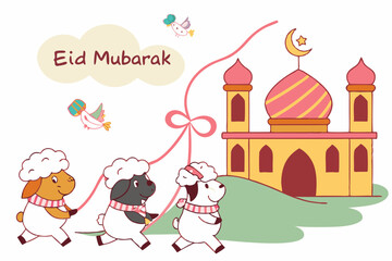 Cute animal procession Plump cartoon sheep, cow, and goat wearing tiny Eid scarves marching happily toward a candy-colored mosque. Birds carrying ribbons that say 'Eid Mubarak', clouds shaped like ket