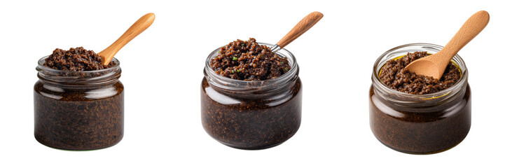 Truffle infused olive tapenade jar with a spoon isolated on a transparent background