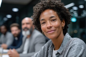 Obraz premium A confident professional woman with curly hair smiles warmly while participating in a meeting, embodying leadership, and fostering collaboration amongst colleagues in a contemporary environment.