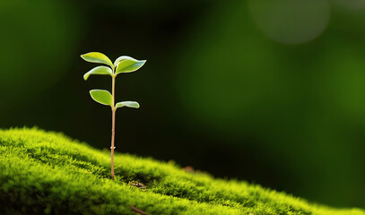Close up Young plant growing over green background