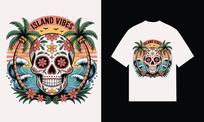 Island vibes sugar skull tropical sunset t-shirt design