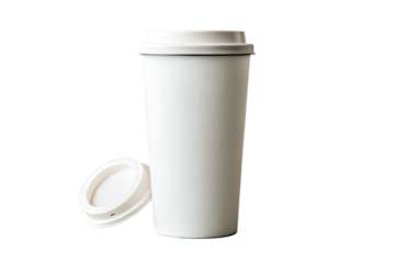 White tumbler with lid, isolated on transparent background, perfect for coffee, tea, or any hot beverage, a reusable and eco-friendly alternative to disposable cups