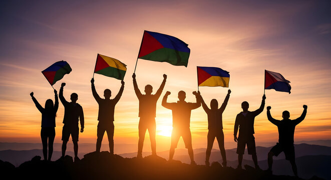 Conceptual image of silhouettes of fans standing on a mountain peak, holding flags under a dramatic sky, representing unity and triumph