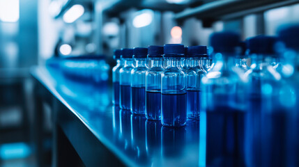 Vials filled with blue liquid arranged neatly on a stainless steel shelf in a laboratory environment