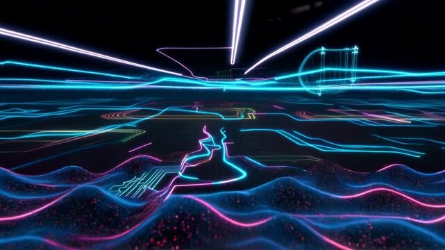 Futuristic Neon Grid Tunnel Animation in Digital Cyberpunk Style