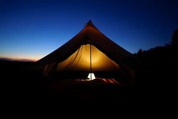 Camping tent under a vast night sky in the mountains, with a breathtaking sunset landscape