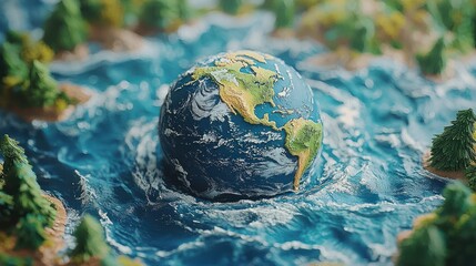 Earth nestled within turbulent waters, surrounded by lush greenery