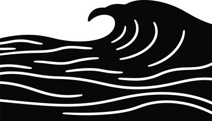 A stark black and white depiction of a stylized wave cresting with smaller waves beneath it in a graphic style silhouette
