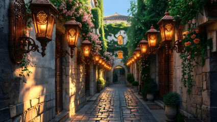 Fototapeta premium Romantic Lantern-Lit Street with Ivy and Roses
