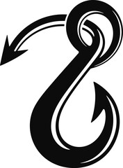 Fototapeta premium A stylized black and white illustration of a fishing hook with a curled design and sharp point silhouette