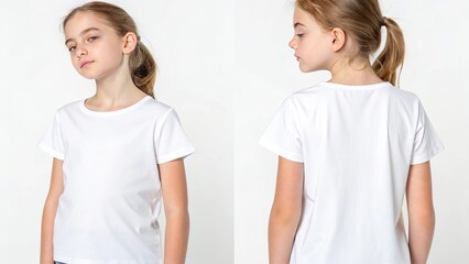 A young girl with white shirt front and back pose