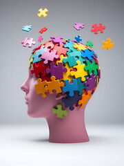 A human head made of colorful puzzle pieces with some pieces floating away, symbolizing creativity or mental complexity