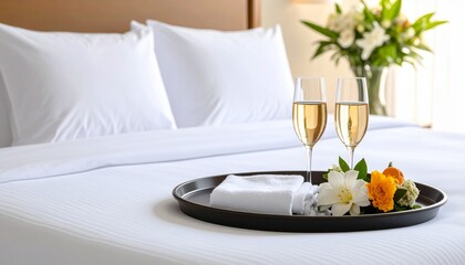 Romantic Hotel Room Setup with Champagne and Flowers.