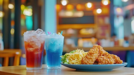Fototapeta premium Colorful drinks and fried food on a table in a restaurant