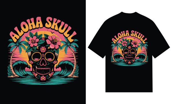 Aloha skull tropical sunset beach skull design