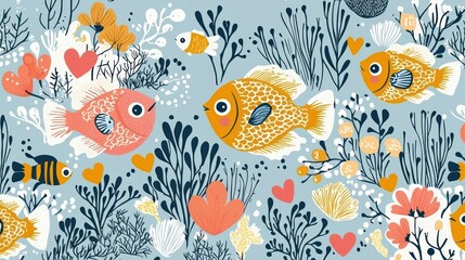 Underwater garden with playful fish and hearts