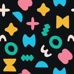 Seamless abstract simple colorful organic shapes pattern.  Flat illustration pattern vector design. Pink, yellow, white, black, green, and blue.