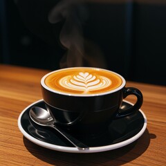 Warm Creamy Coffee with Beautiful Latte Art in Stylish Black Cup