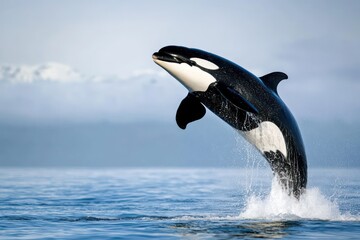 Fototapeta premium Killer whale jumps out of ocean water in wild nature
