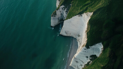 Coastal cliffs meet the turquoise sea, forming a picturesque landscape. The contrast of green vegetation and white rocks creates a breathtaking view.