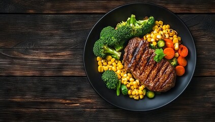 A mouth-watering sirloin steak with corn, tomato, and broccoli, expertly cooked in an air fryer, is served on a dish placed on a wooden table as a popular Hong Kong fast food option