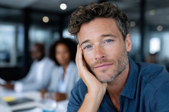 A pensive young man seems engaged in a business meeting, reflecting on ideas with serious expression amidst a professional environment full of colleagues.