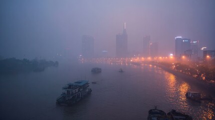 Naklejka premium Misty Cityscape: Boats on a Foggy River at Dusk