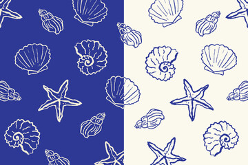 Seashell and starfish seamless pattern hand drawn vector illustration background