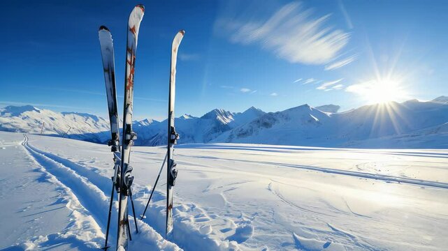 This scene captures the essence of skiing in a pristine, high-altitude setting, surrounded by snow-covered mountains under a radiant, sunny sky. It promises winter adventure and scenic beauty.