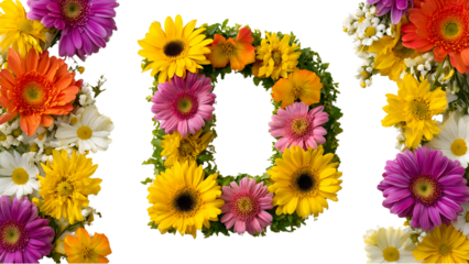 Letter d made of colorful flowers isolated on transparent background
