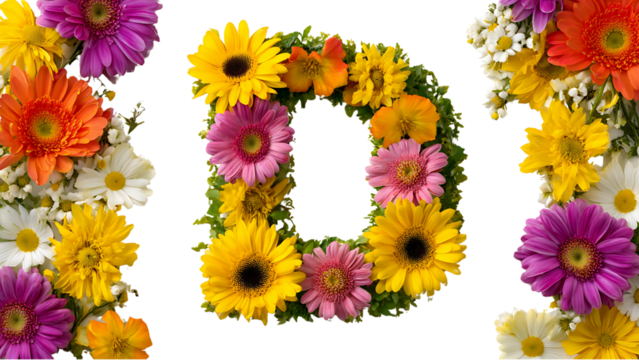 Letter d made of colorful flowers isolated on transparent background