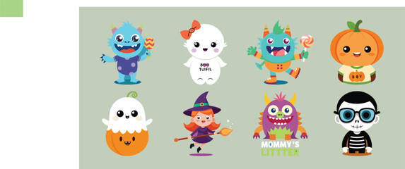  Kids Halloween T-Shirt Bundle 8 Color Vector PNG Transparent Background