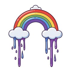 Vibrant Rainbow Illustration Melted Colors, Cartoon Clouds, Dripping Paint Effect