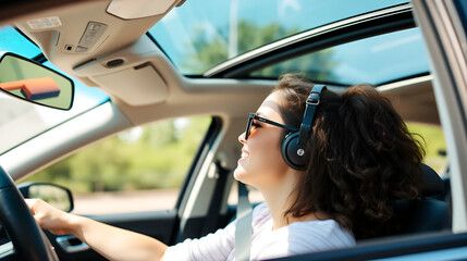 Young woman driving with sunroof open
