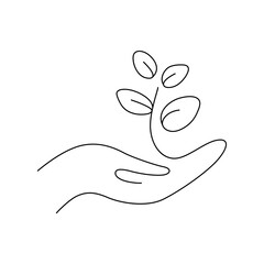One Line Drawing of a Hand Holding a Growing Plant