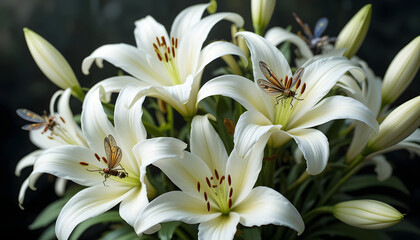 Fototapeta premium Title: White Lilies in Bloom with Delicate Butterflies on Dark Background, Elegant Floral Scene