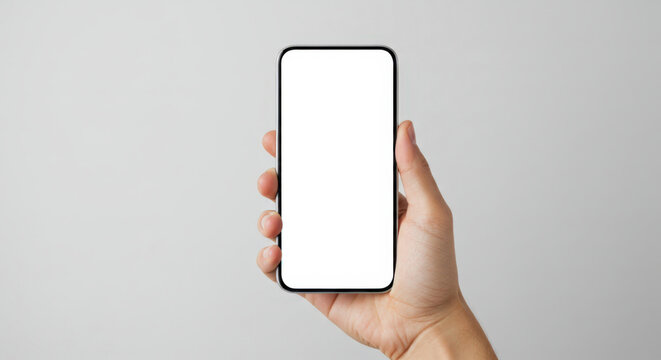 Hand holding smartphone with blank screen against neutral background  