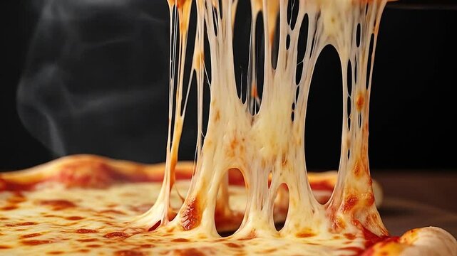 Cinematic close-up of a hot pizza slice being lifted, gooey melted cheese stretching in slow motion, steam rising gently