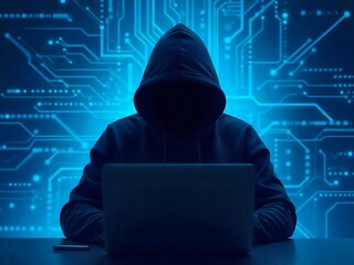 Generative AI Cyber Intrusion Hooded Hacker Operating Laptop Near Circuit Board